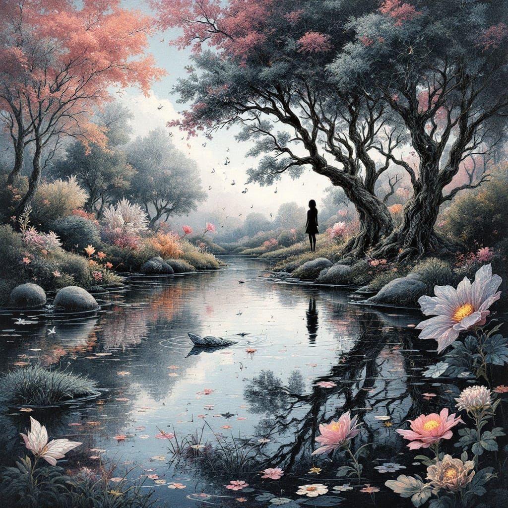 Whimsical Charcoal Dreamscape with Mirrored Pond and Surreal...