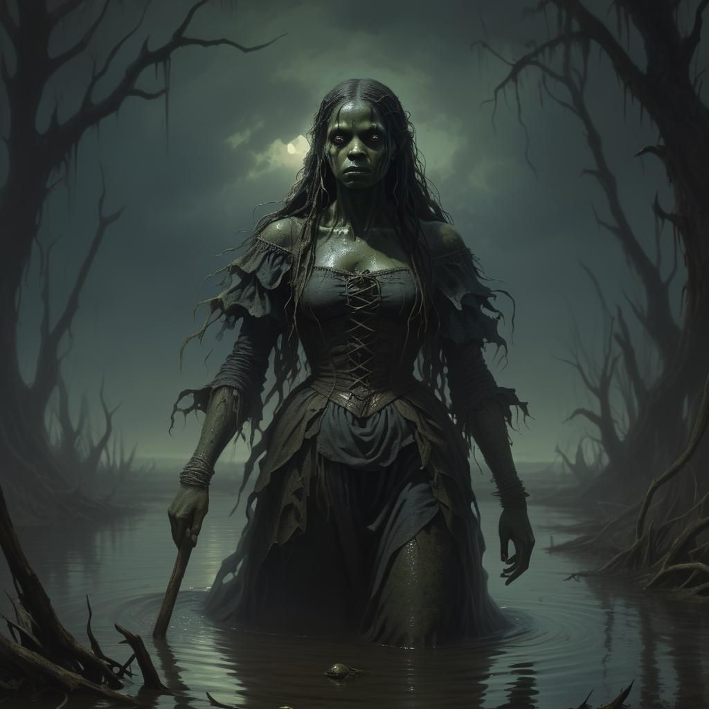 Eerie Woman Wades Through Dark Fantasy Swamp