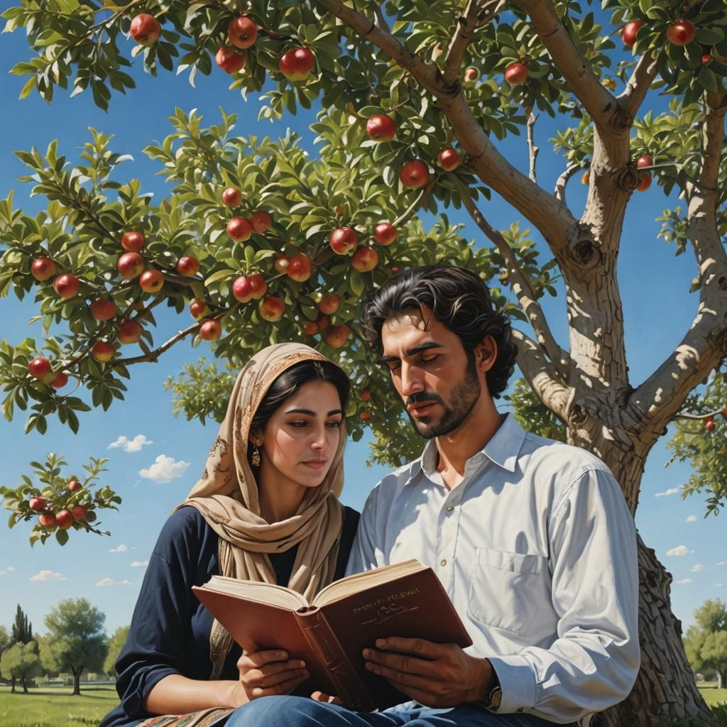 Middle Eastern Couple Reading Under Apple Tree