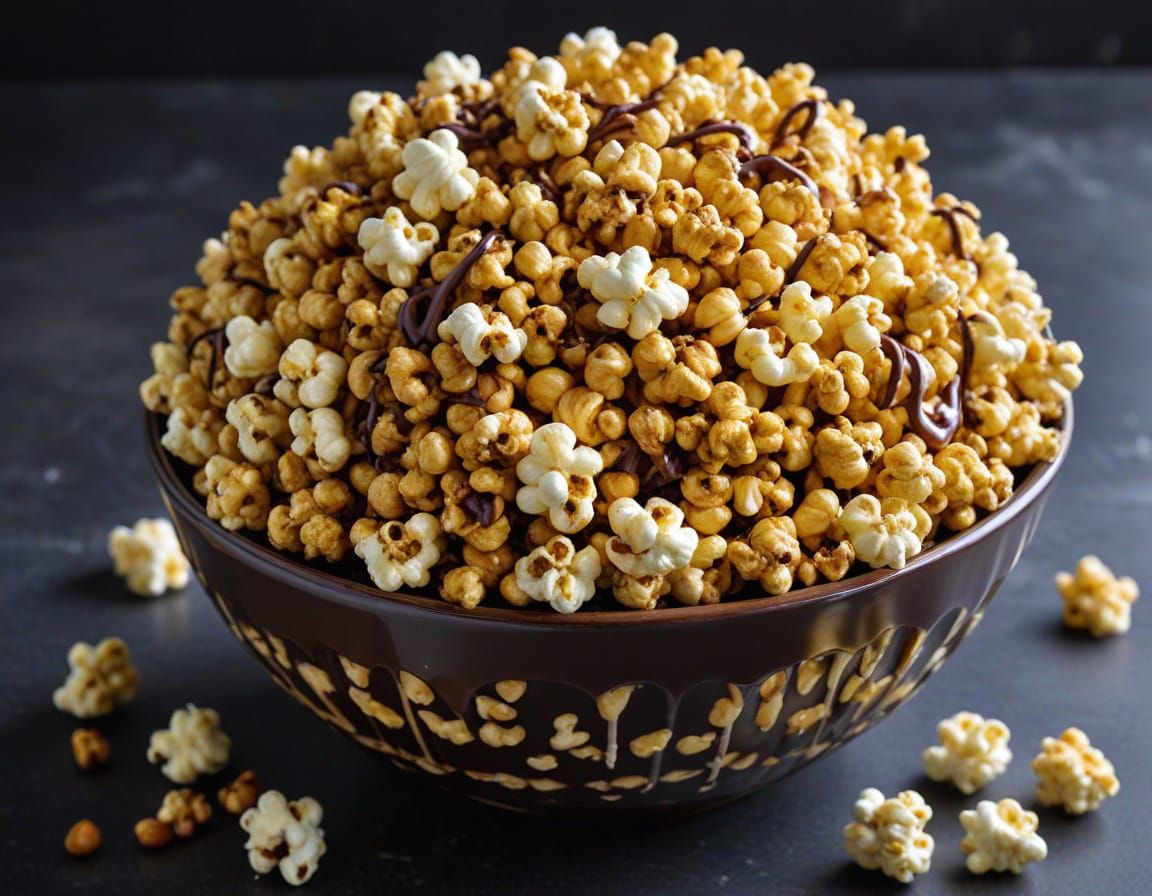 Huge Bowl of Caramel Popcorn Drizzled with Chocolate