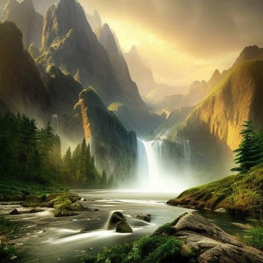 Epic Waterfall Landscape: Dramatic Digital Matte Painting