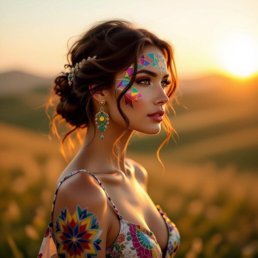 Kaleidoscope Body Art Portrait in Golden Hour Light