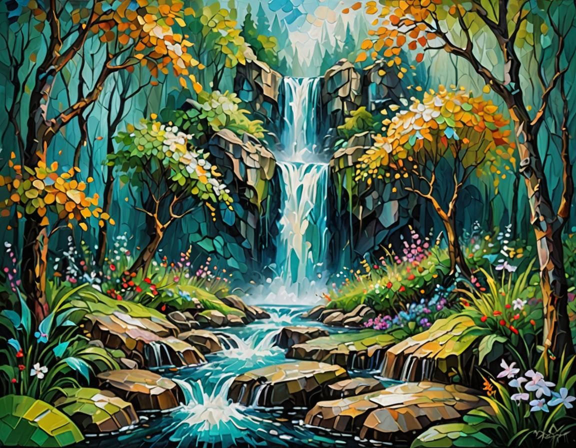 Magic Waterfalls in Whimsical Impasto Forest