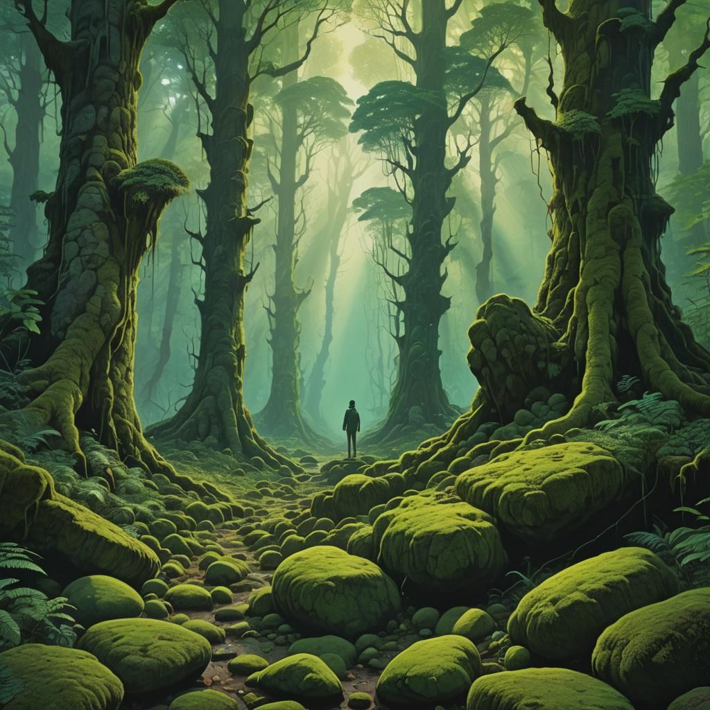 Emerald Forest Figure in Surreal Digital Art