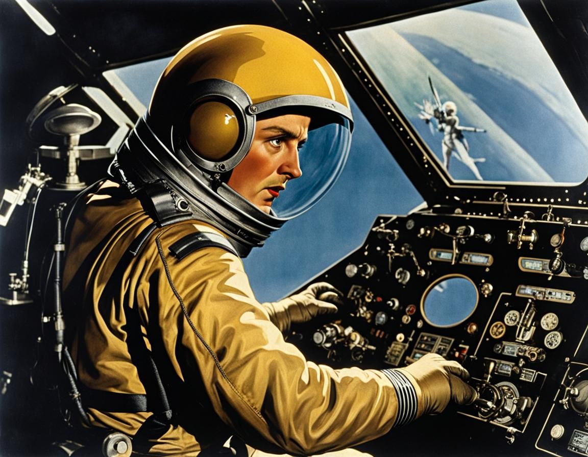 Retro Sci-Fi Pilot Struggles in Spacerocket Cockpit