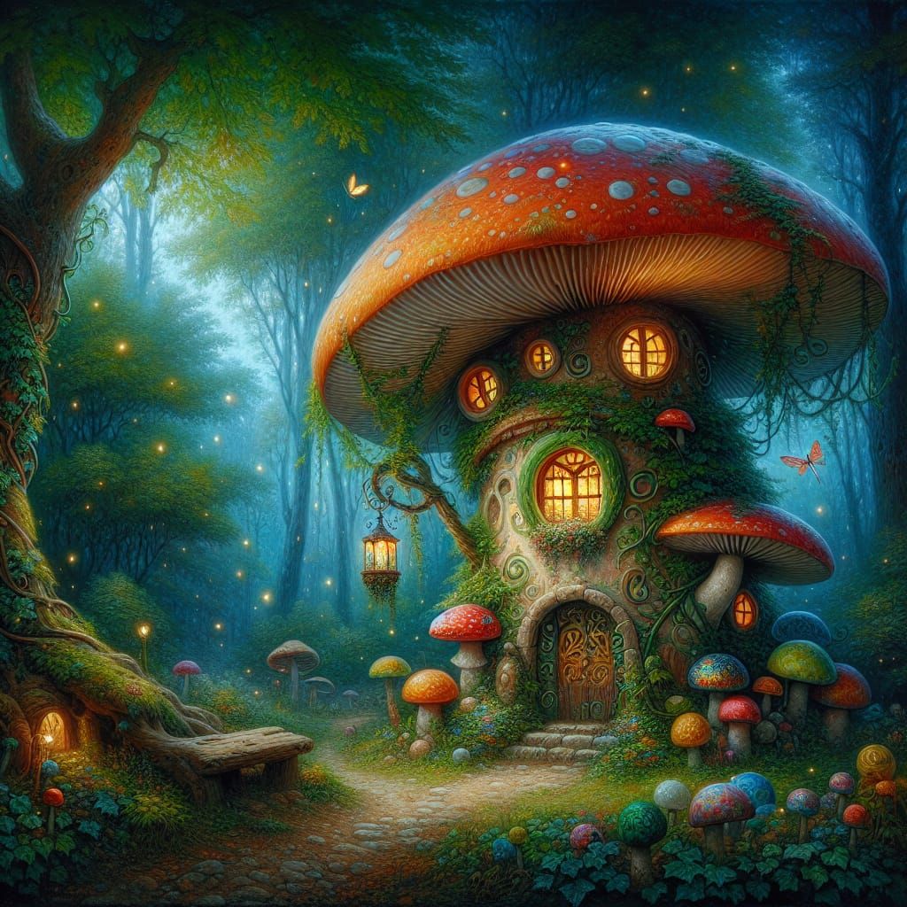 Enchanted Mushroom House in Magical Forest Clearing