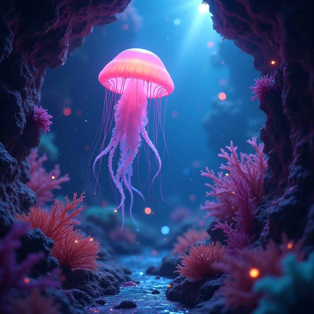 Bioluminescent Jellyfish in Neon Coral Cave
