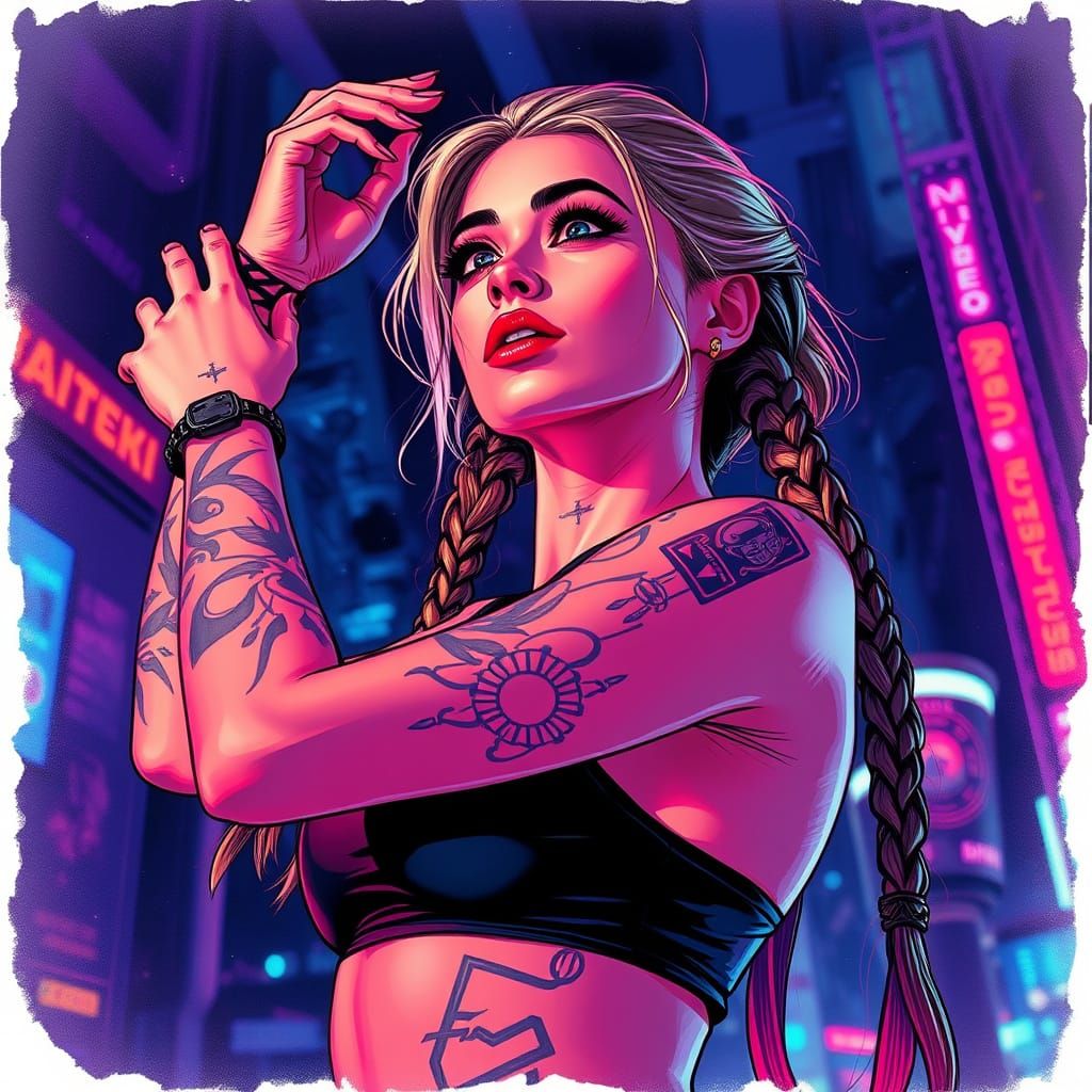 Cyberpunk Woman Dances Under Neon Skies in Vibrant Colors