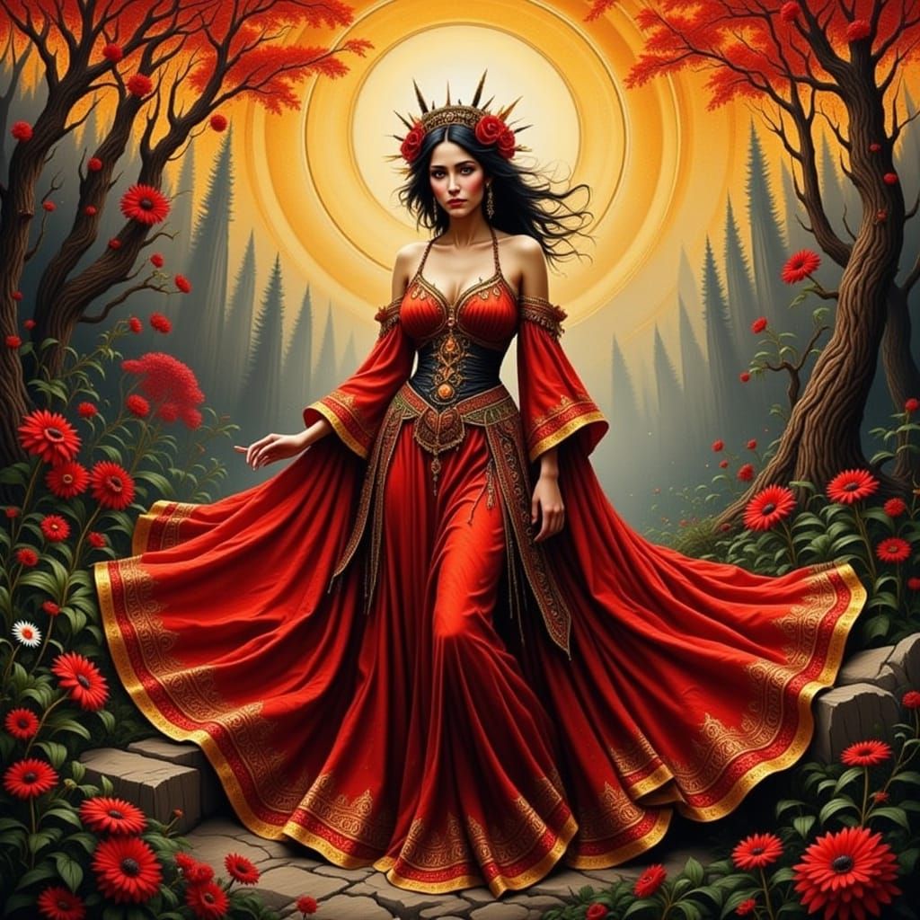 Mystical Gypsy Woman in Vibrant Red and Gold