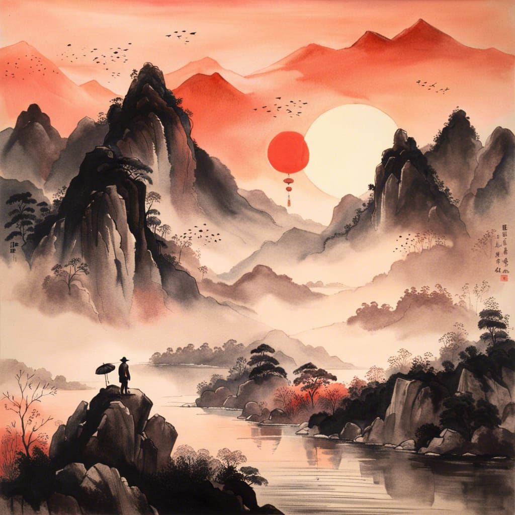 Peaceful Mountain Sunset in Chinese Ink Style