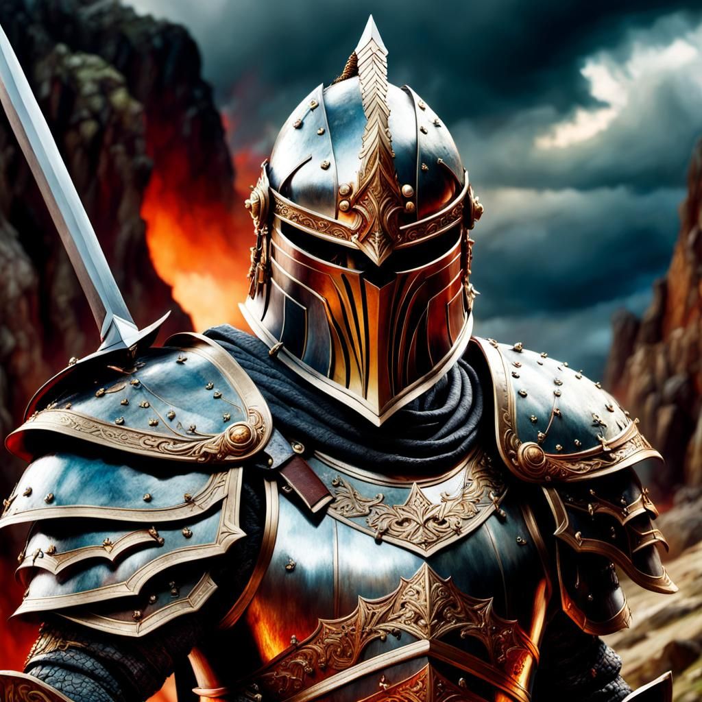 Epic Warrior in Stormy Landscape: Oil Painting