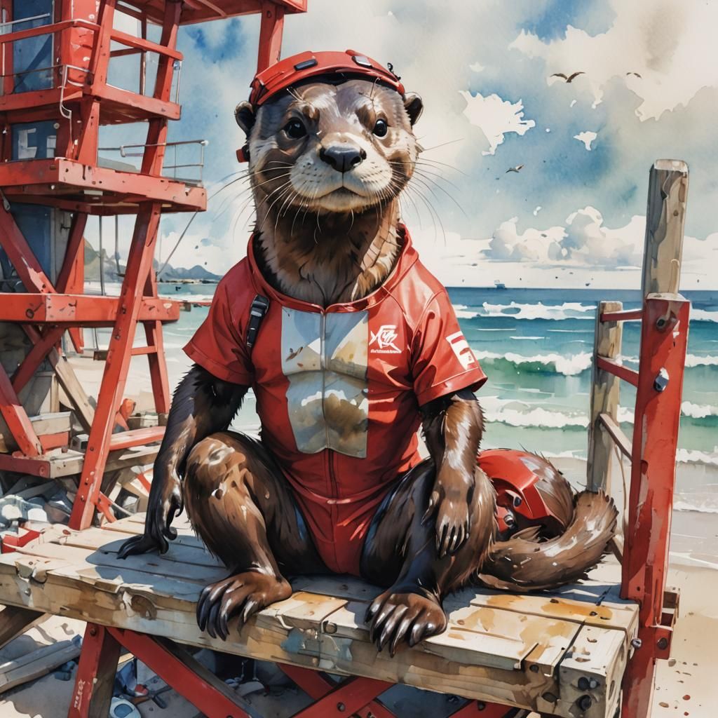 Lifeguard Otter on Duty: Watercolor Manga Illustration