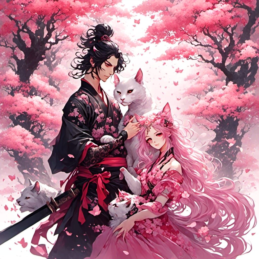 Anime Pink Neko Sakura Samurai in Dreamy Style