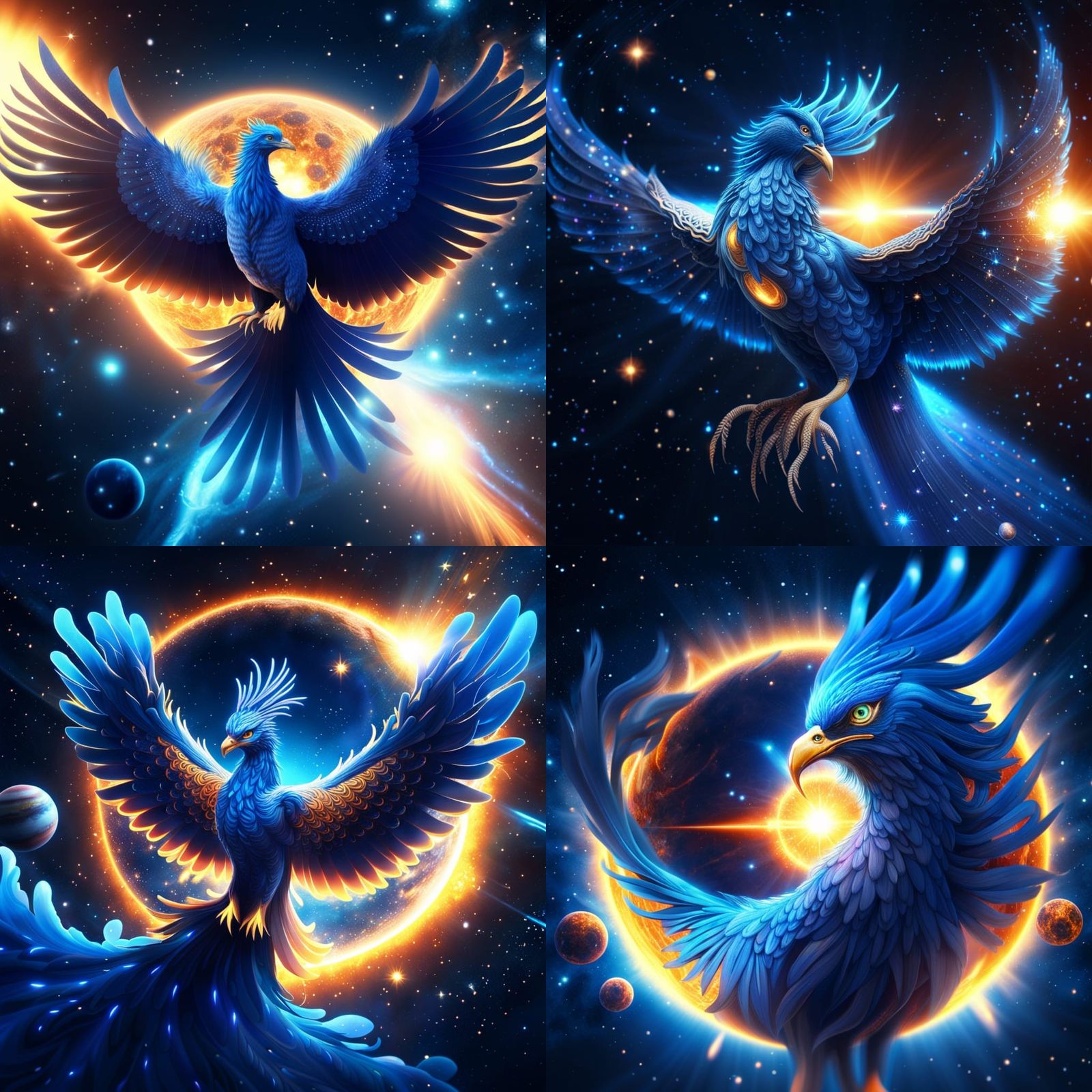 Blue Phoenix Soaring Before a Cosmic Sun