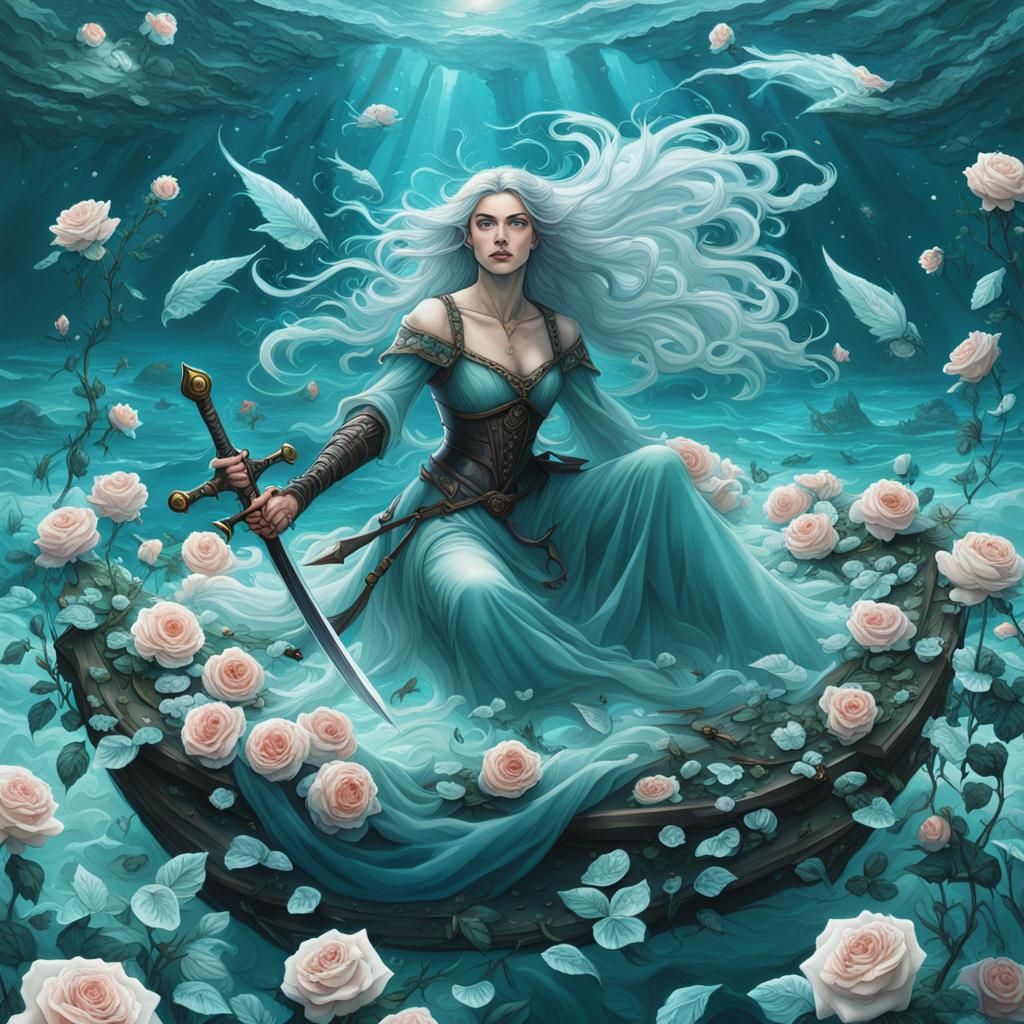 Maiden Floating on Roses Above Aquamarine Sea