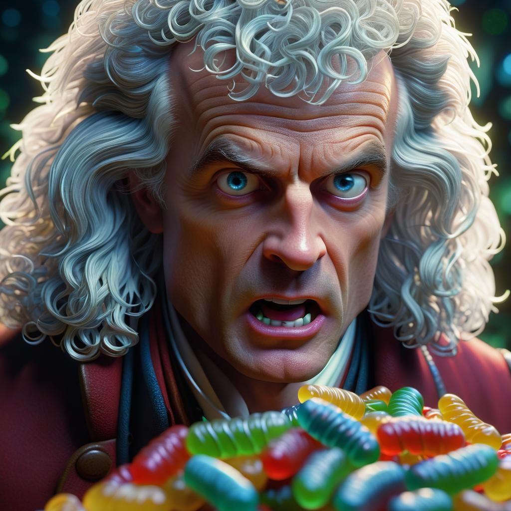 Isaac Newton eats his first gummy worm