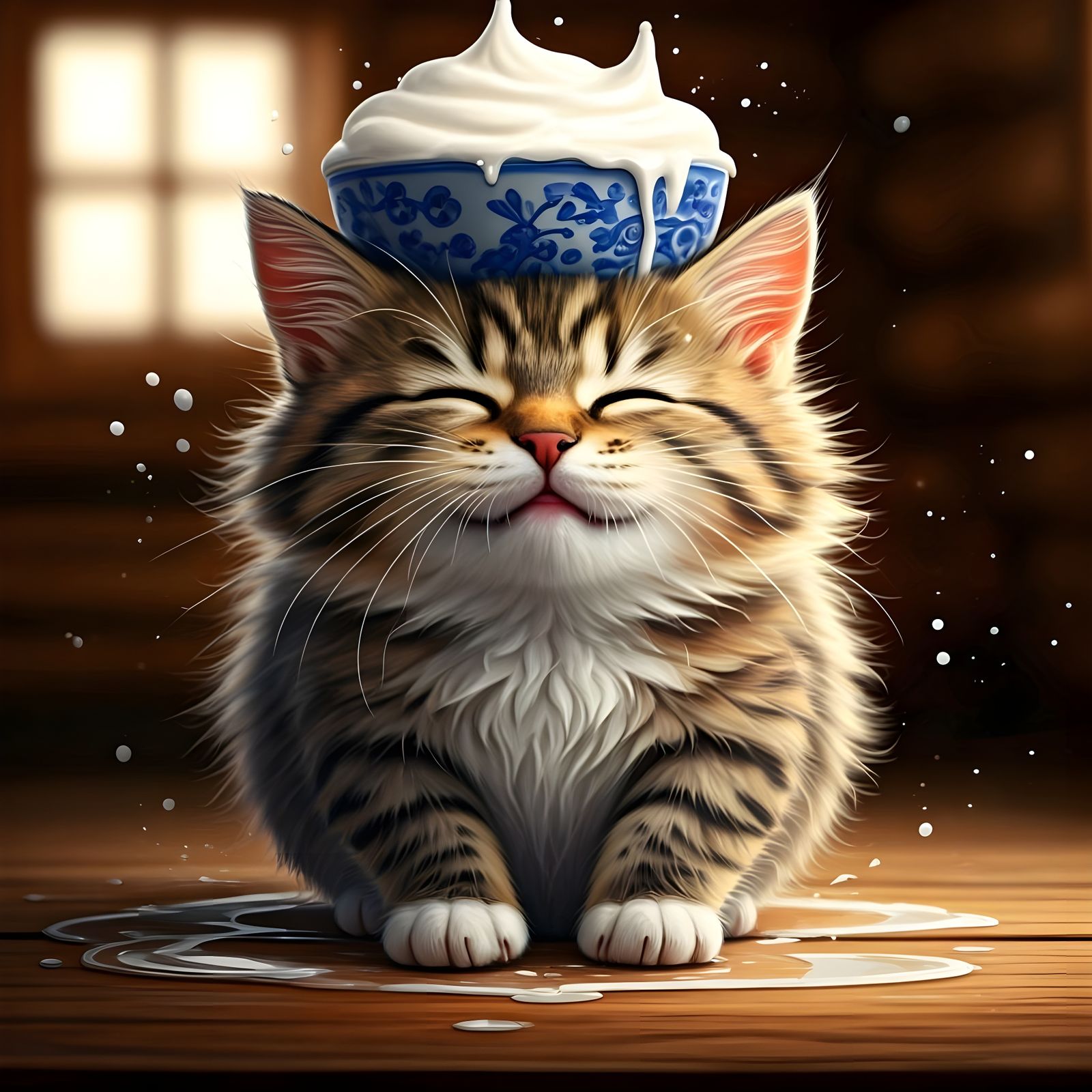 Kitten's Creamy Mishap: An Adorable Oil Painting