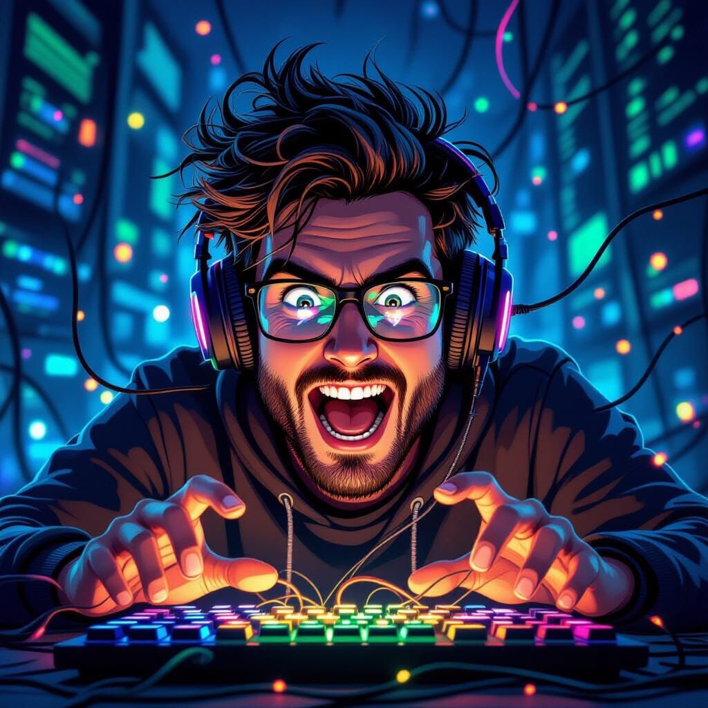 Energetic Geek Illustration: Monitor Face, Expressive Keyboa...