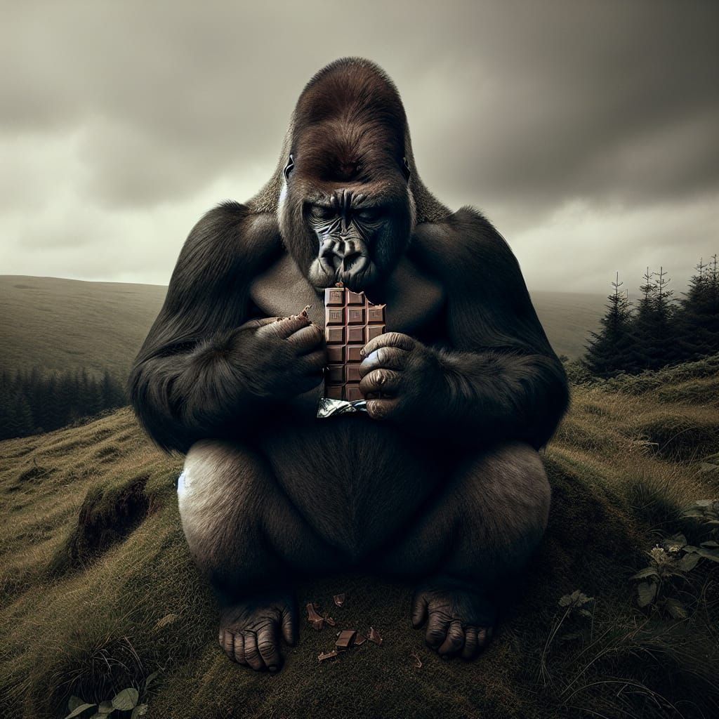 Melancholic Gorilla Contemplating Life With Chocolate