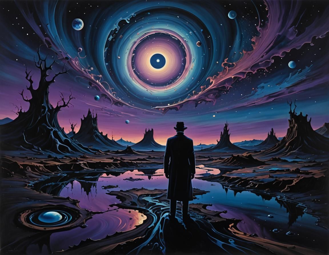 Dark Figure in Surreal Midnight Landscape as Oil Painting