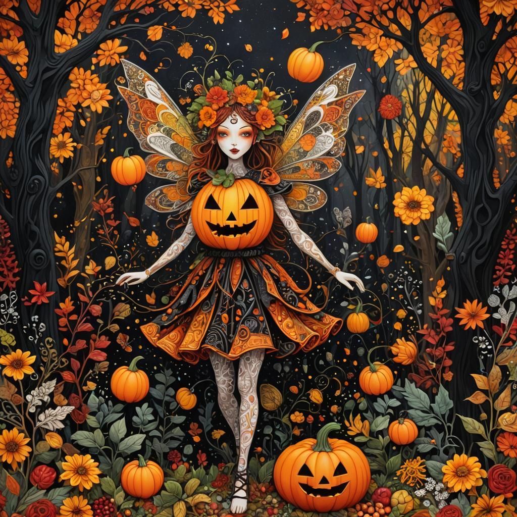 Jack o lantern headed fairy Fall  colors  mixed media painti...