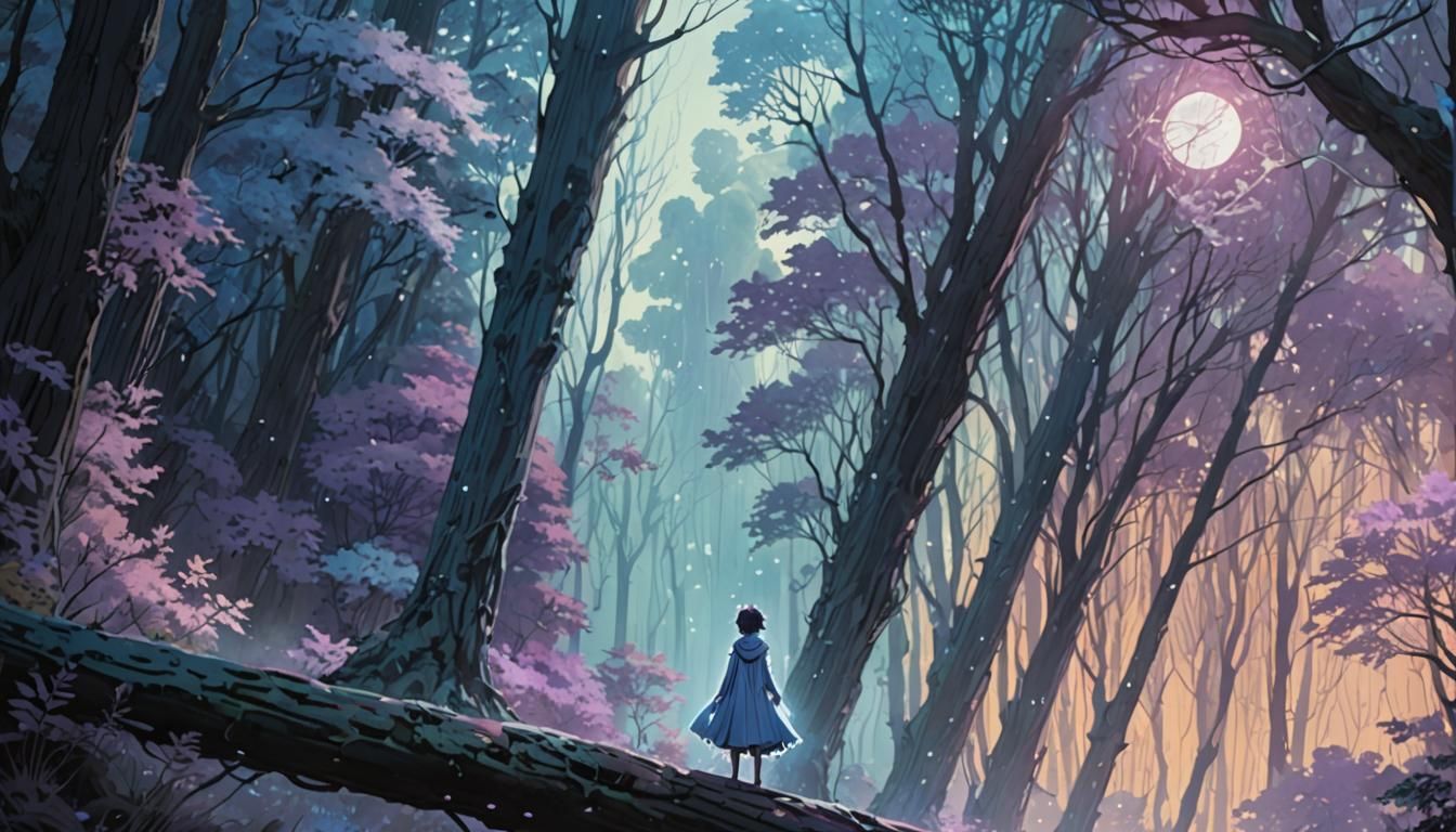 Mysterious Figure in Ethereal Anime Forest