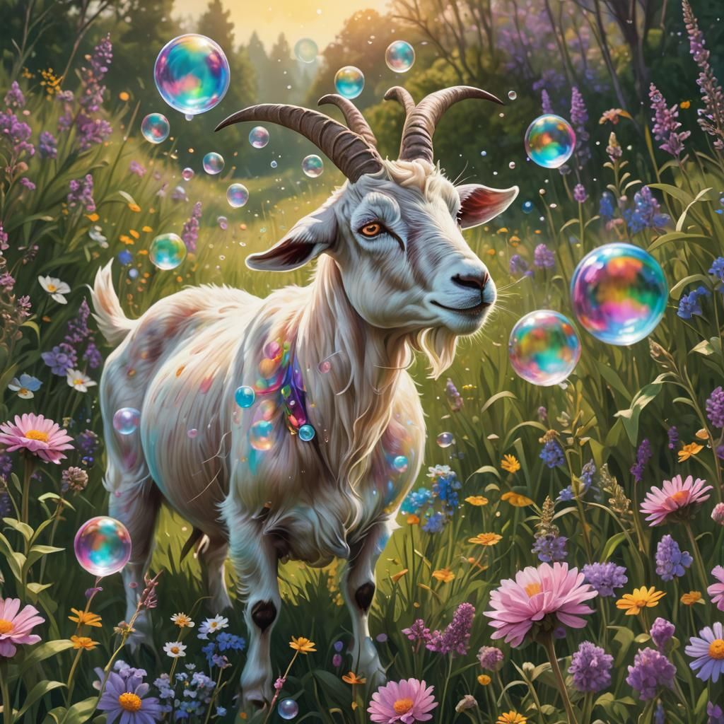 Goat Blowing Bubblegum Bubble in Lush Meadow