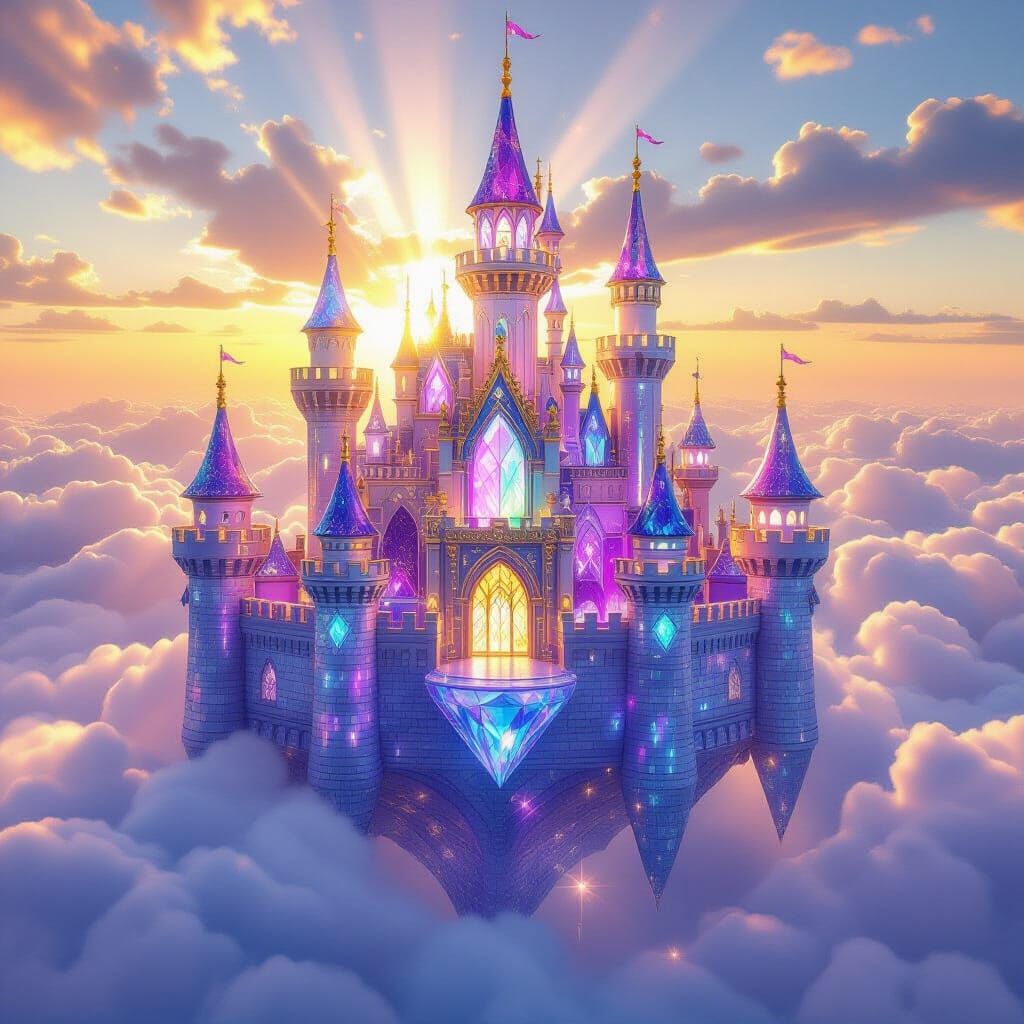 Majestic Gemstone Castle Floating Above Clouds