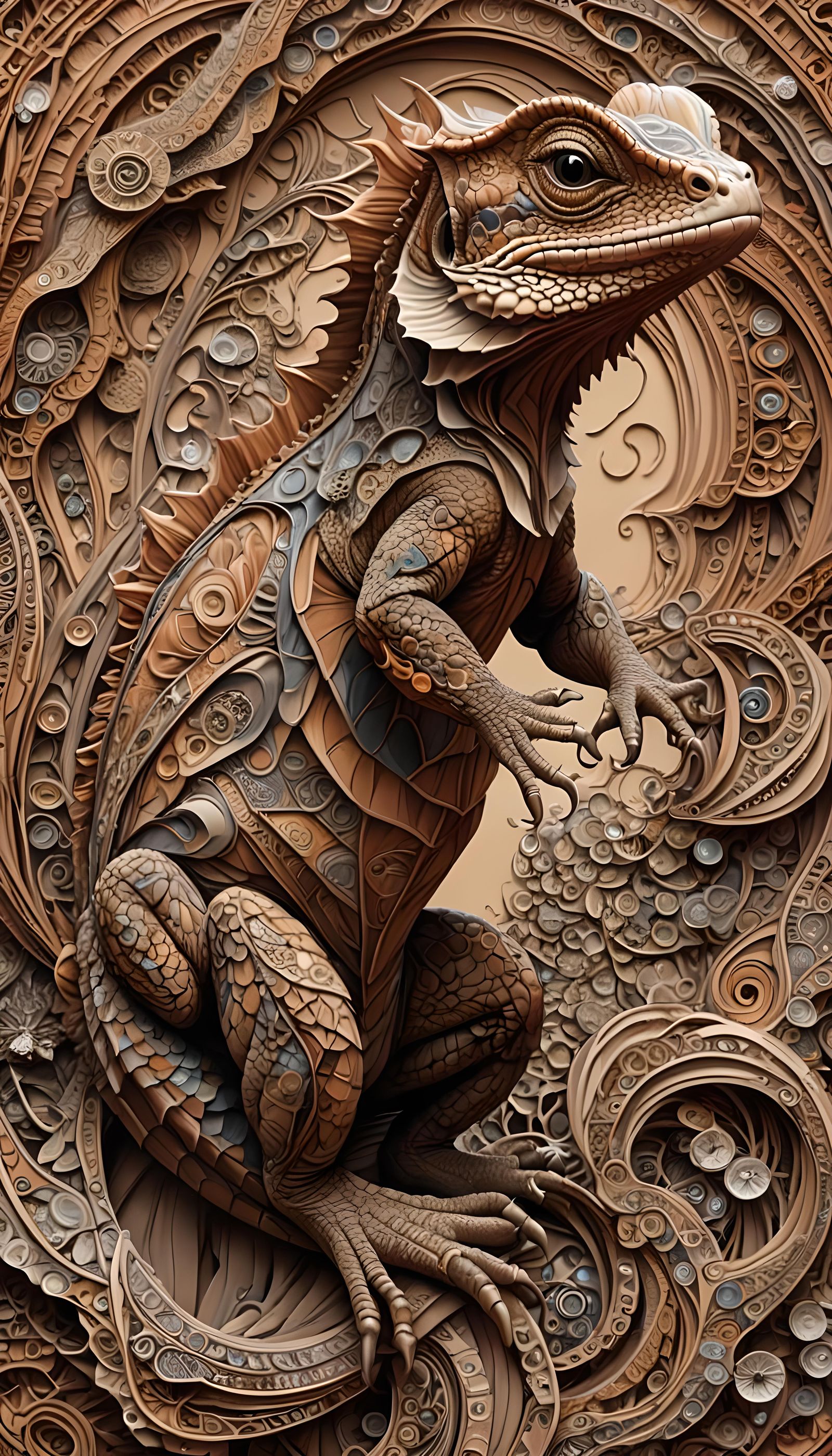 Frilled Lizard with Uluru in Quantum Zentangle Style