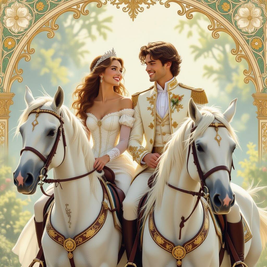 Princess and Prince on White Horses in Dreamy Romance