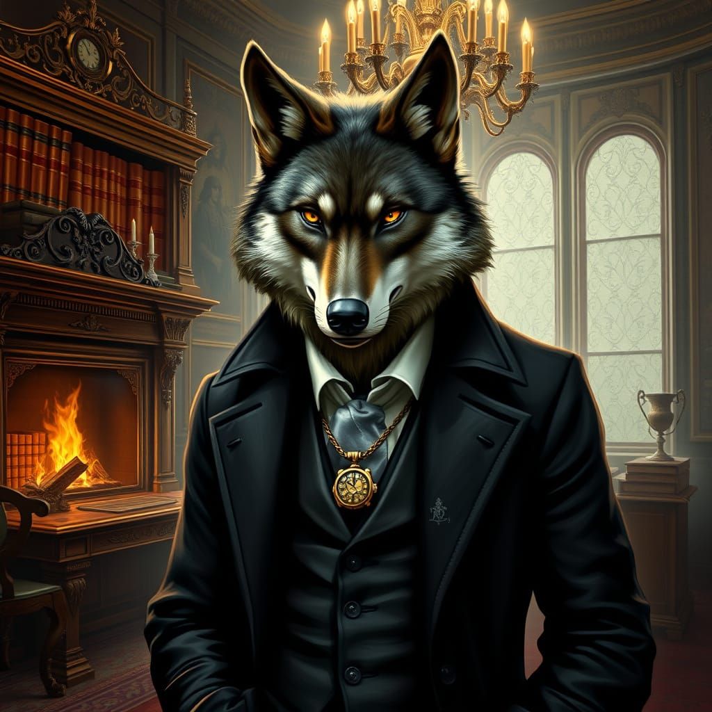 Elegant Wolf in Study, in Dark Fantasy Style