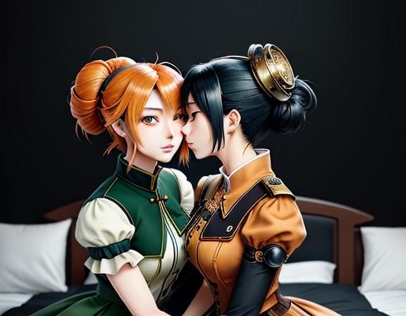 Twin Kemono Sisters Kissing in Steampunk Manga Style