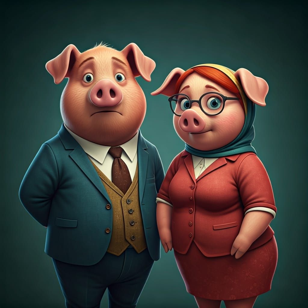 Boy and Girl Pigs in Human Clothing: 3D Animation