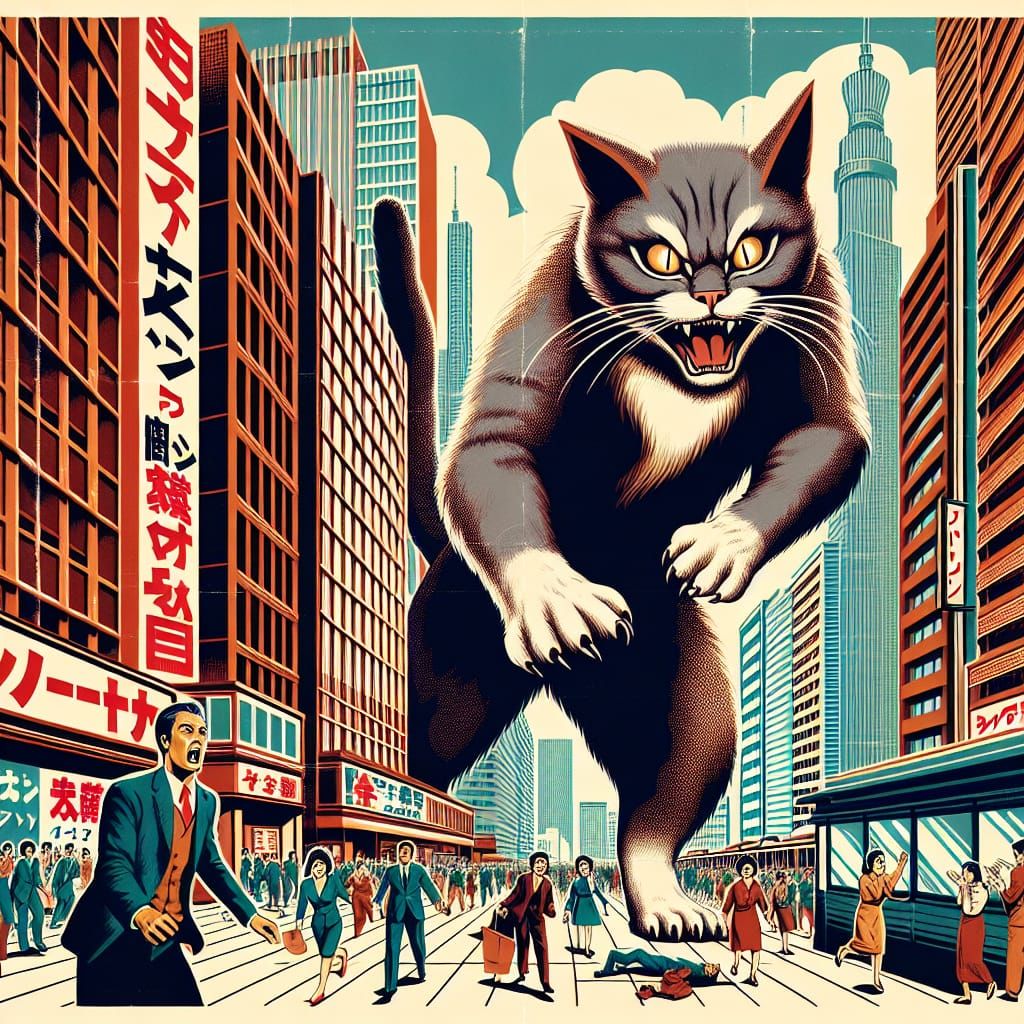 Giant Cat Rampage in Japanese City: Retro Movie Poster