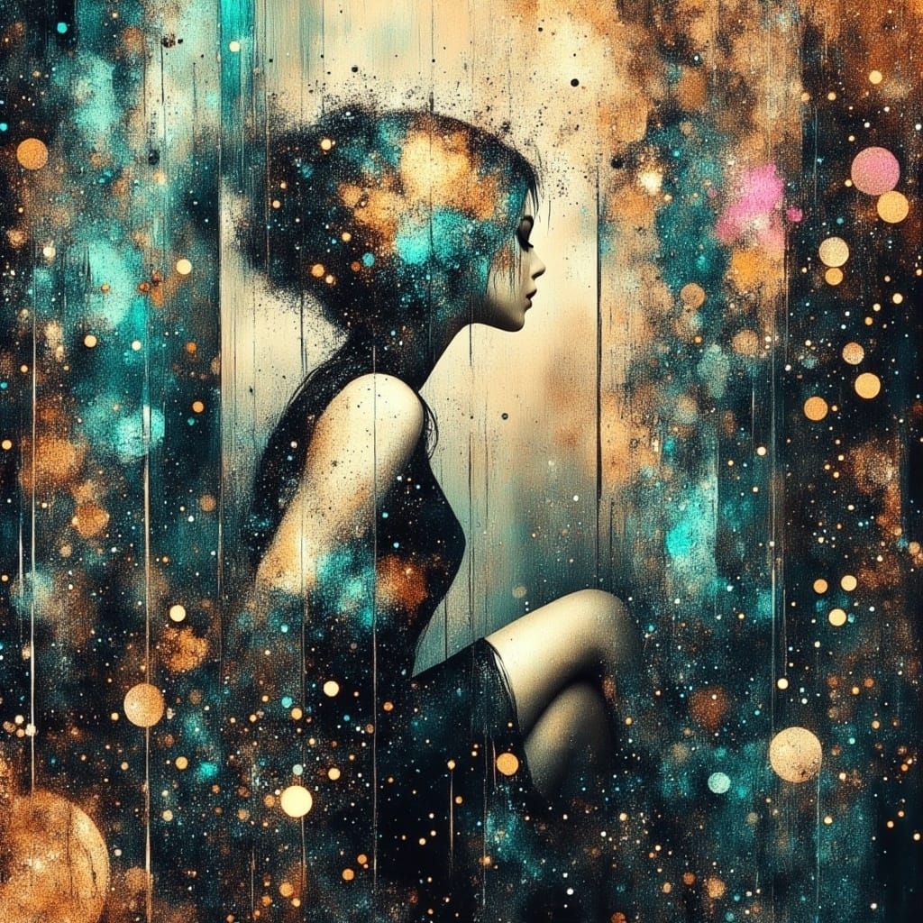 Woman in Glowing Indigo Hair and Holographic Gown