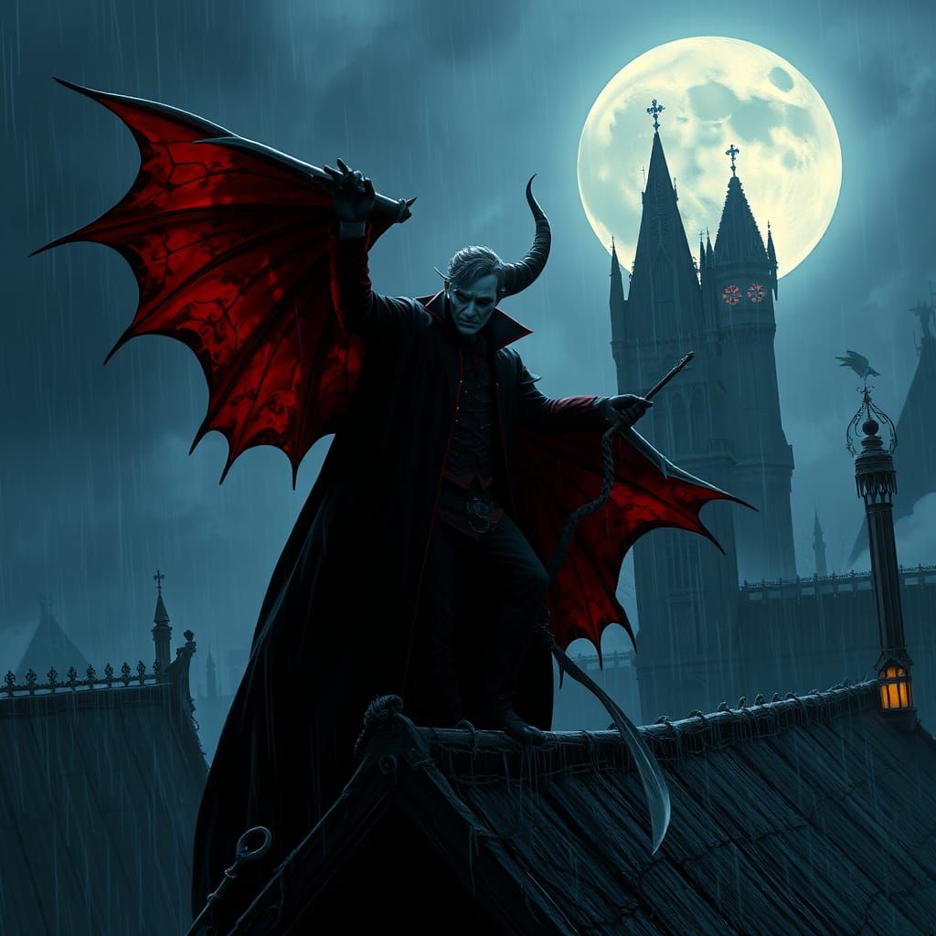 Vampire Castle Rooftop Under Moonlight Rain
