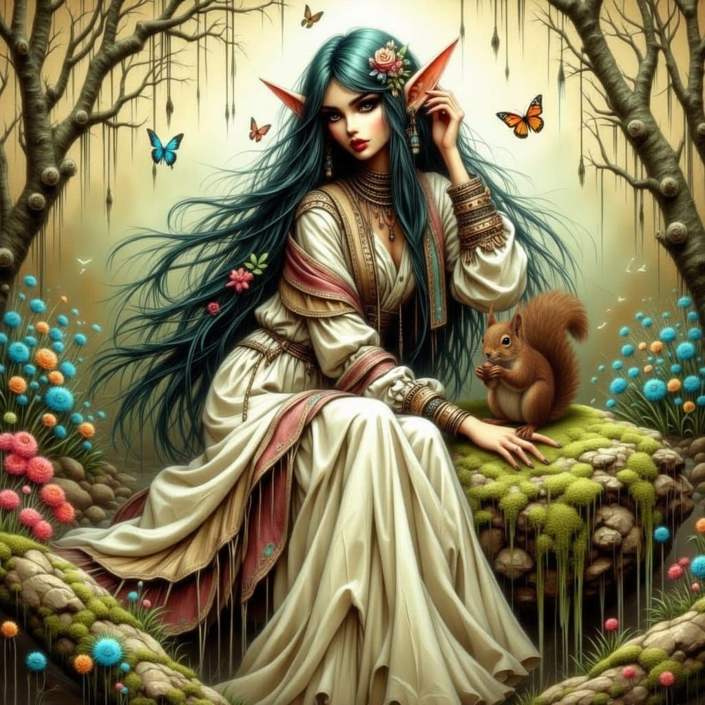 Elderly Elf Serene in Enchanted Meadow