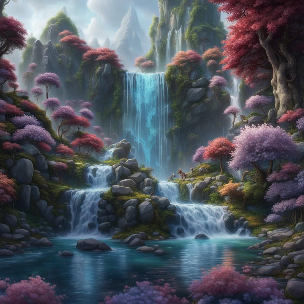 Crystal Cat in a Fantastical Flower River