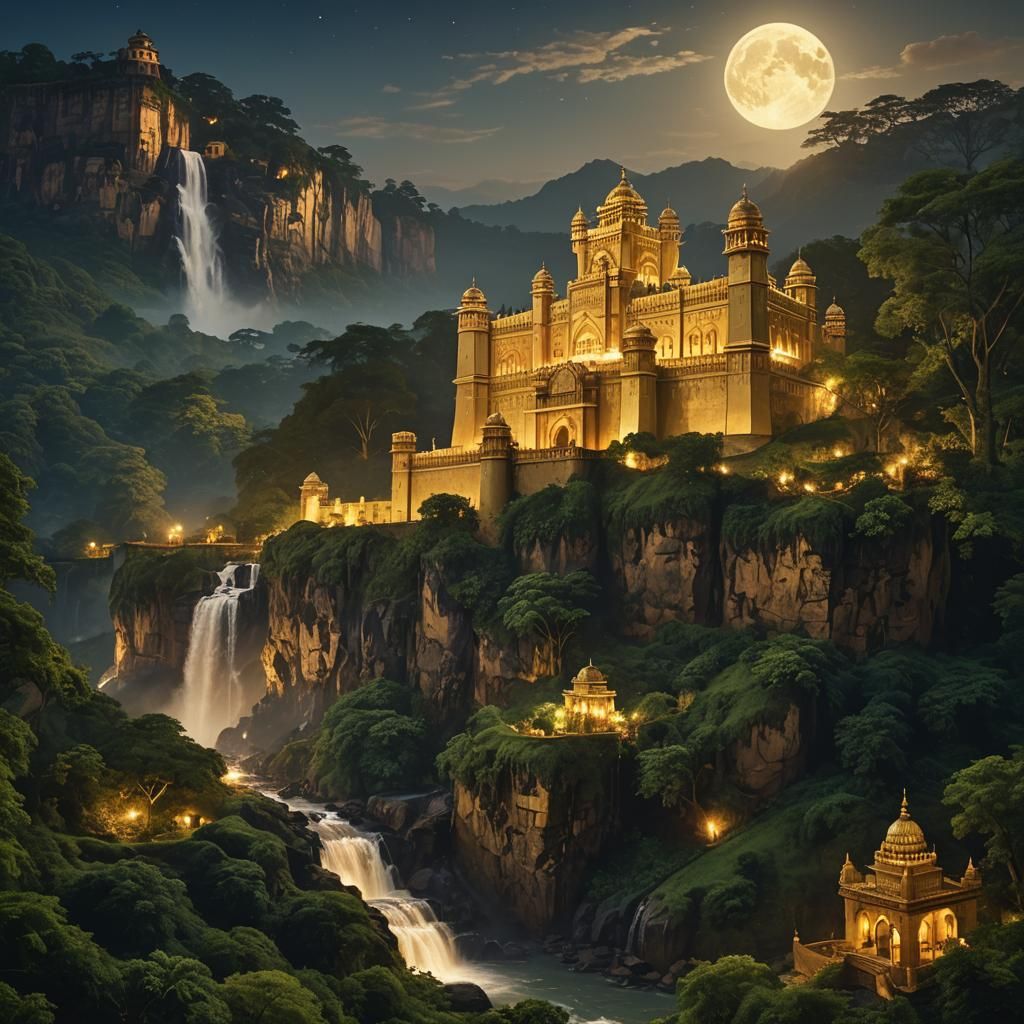 Golden Indian Fort in Moonlit Garden