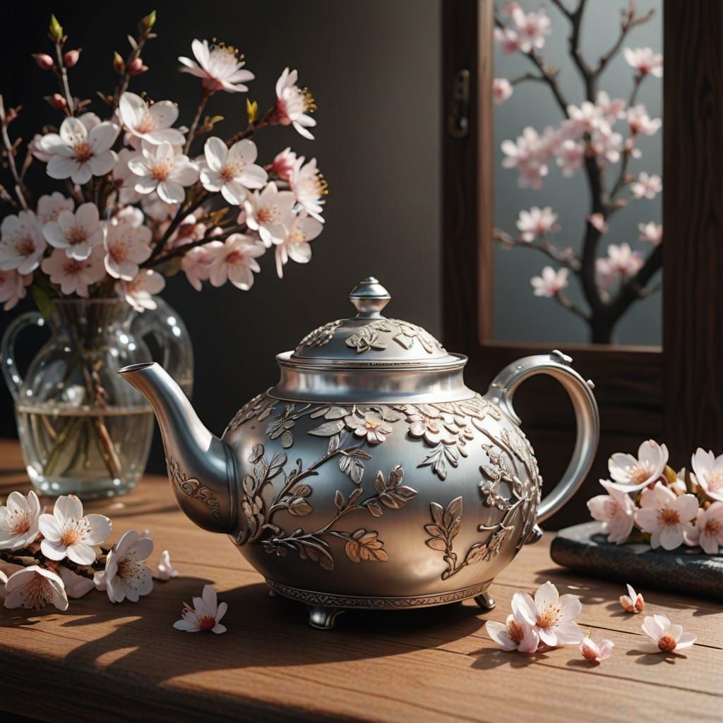 Silver Teapot with Cherry Blossoms in Photorealistic Style