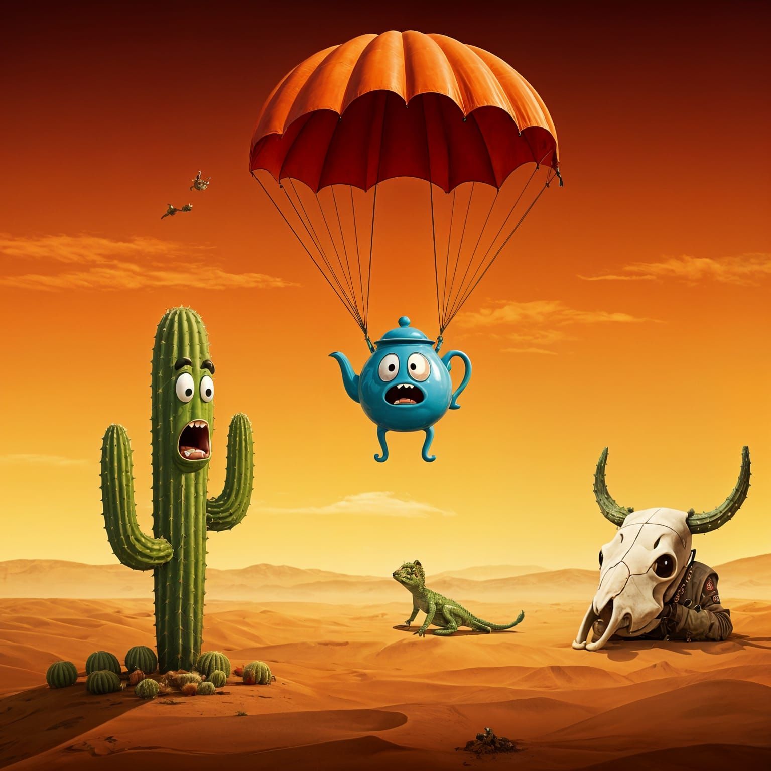 Terrified Teapot Parachuting Towards Angry Cactus