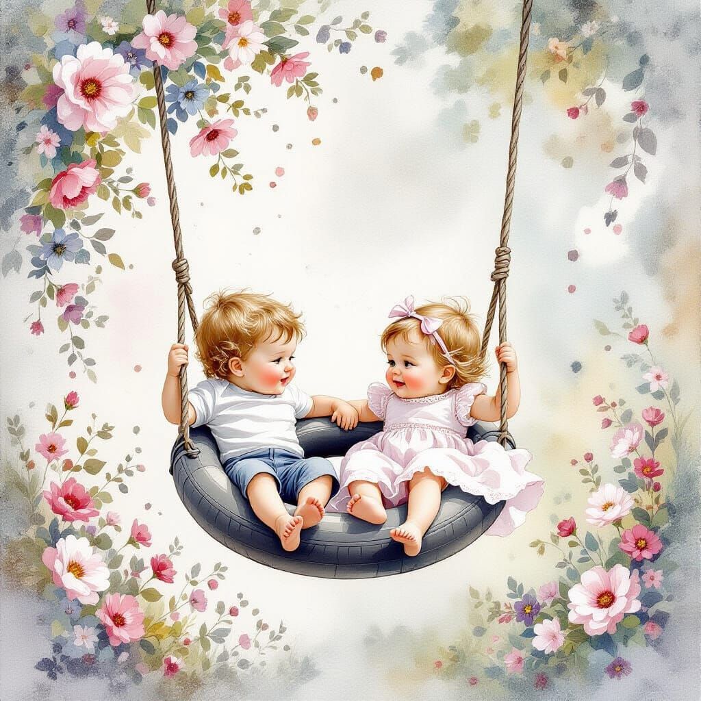 Ethereal Watercolour of Siblings Swinging on Tire Swing