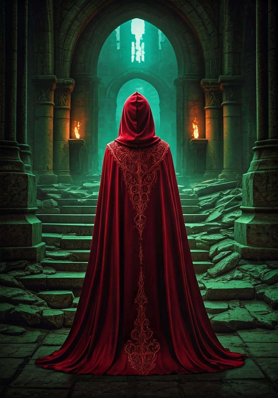 Scarlet Necromancer in Emerald Mist: Digital Matte Painting