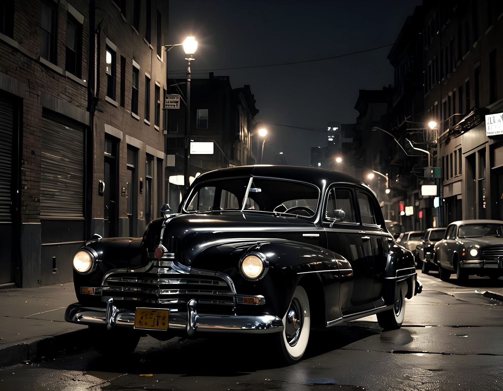 1940s Black Sedan on a Dark City Street