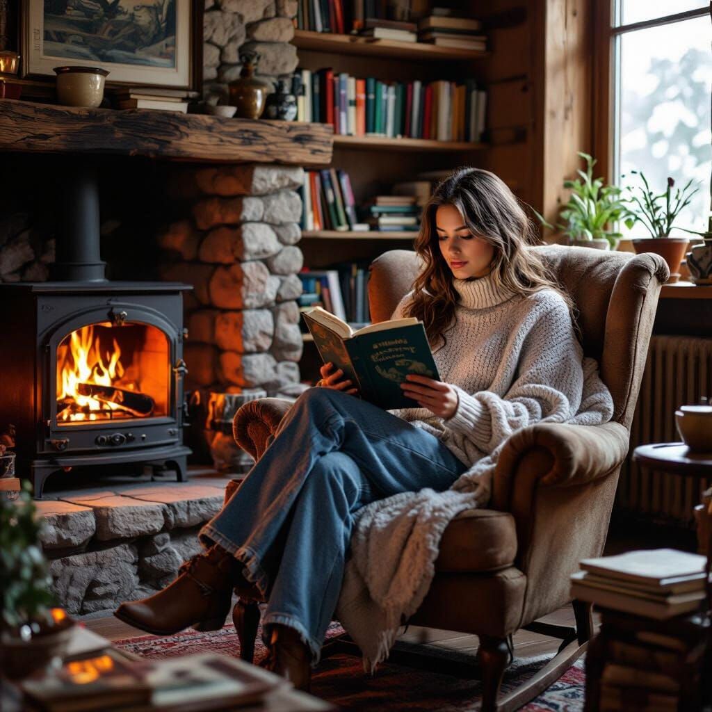 Cozy Woman Reading by Fireplace in Digital Art