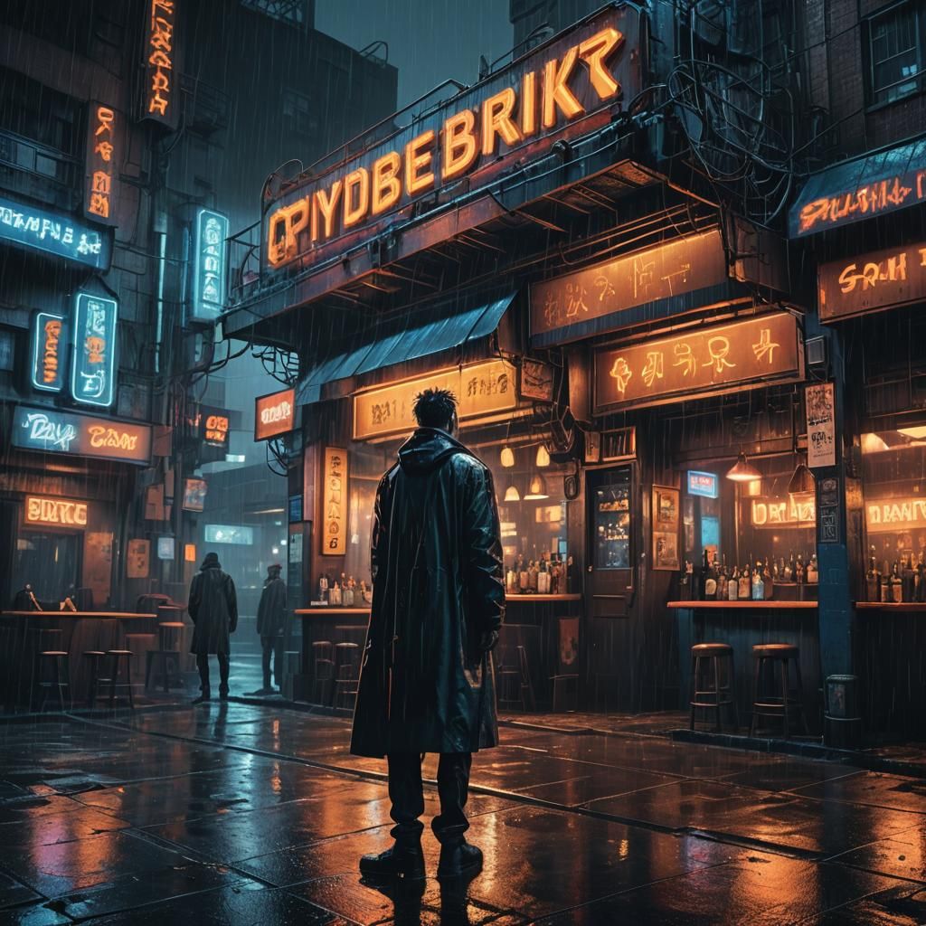 Dystopian Cyberpunk Cityscape with Man in Coat