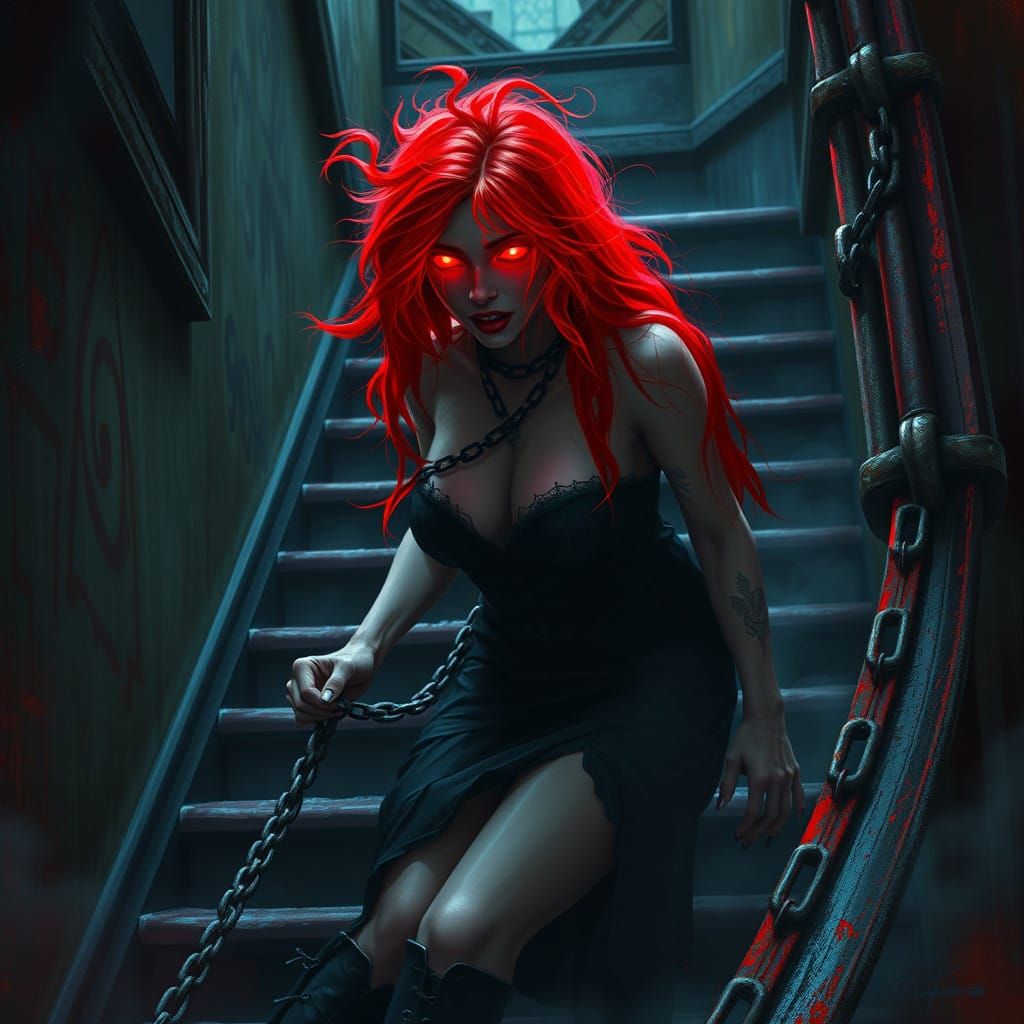Ethereal Woman in Chains Descends Antique Staircase in Splen...