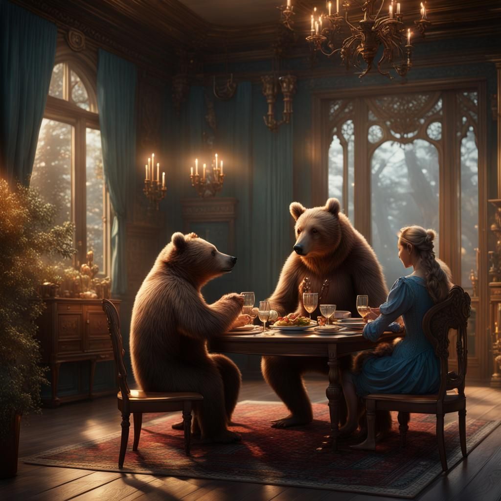 Humanoid Bear Family Dinner: Fantasy Concept Art