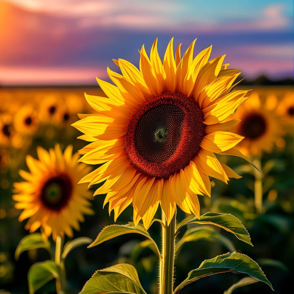 Vibrant Sunflowers Facing Sun, Hyperrealistic Photography