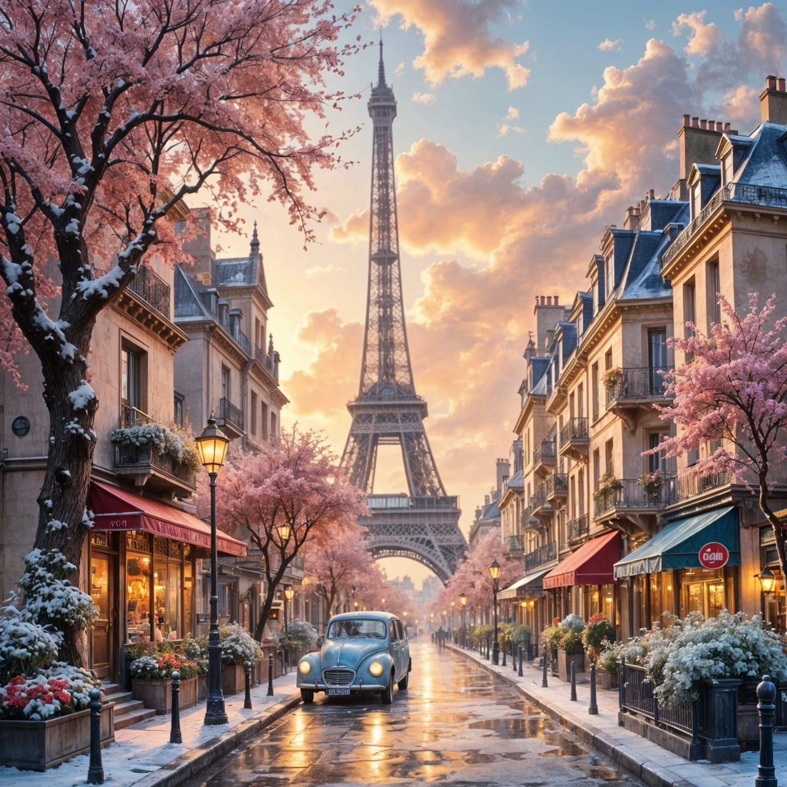 Parisian Street at Sunset in Felted Wool Style